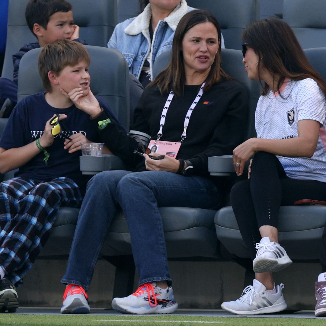 Actress Jennifer Garner and son Samuel Garner Affleck during the game between the Houston Dash and Angel City FC during a 1-0 Dash win at BMO Stadium on May 12, 2024 in Los Angeles, California.