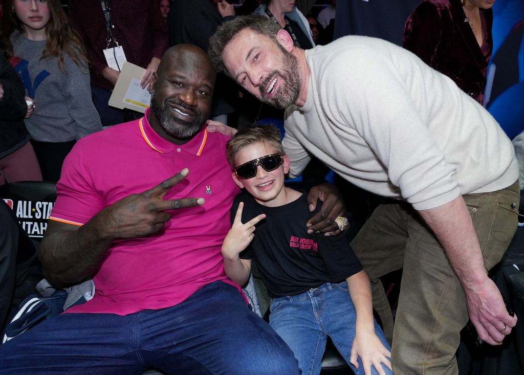 Shaquille O'Neal, Samuel Garner Affleck and Ben Affleck attend the Raffles Celebrity Game during the 2023 NBA All-Star Weekend at Vivint Arena on February 17, 2023 in Salt Lake City, Utah.