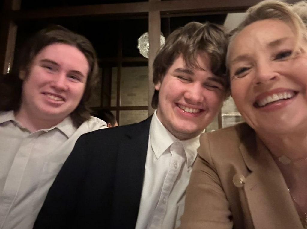 Photo shared by Sharon Stone on Instagram with her youngest sons Laird and Quinn in December 2023