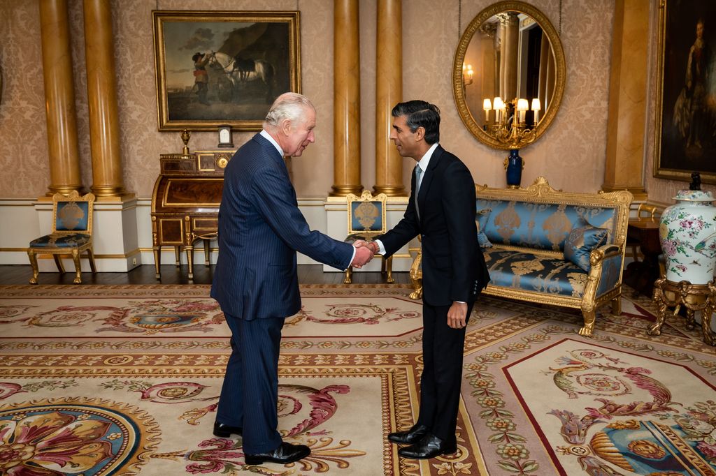 The monarch welcomes the Prime Minister at Buckingham Palace in October 2022.  Rishi Sunak told the king "the country is with you"After his cancer diagnosis