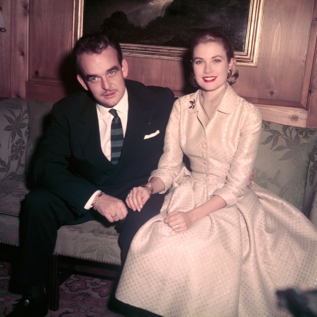 Photograph of Prince Rainier and Grace Kelly taken at the Kelly family home after their engagement in 1956.