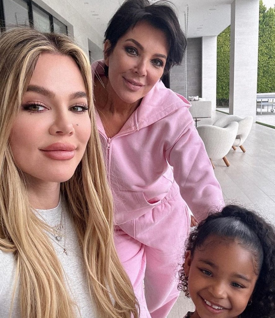 Photo shared by Khloe Kardashian on Instagram posing with her mom Kris Jenner and daughter True Thompson on Easter weekend 2024