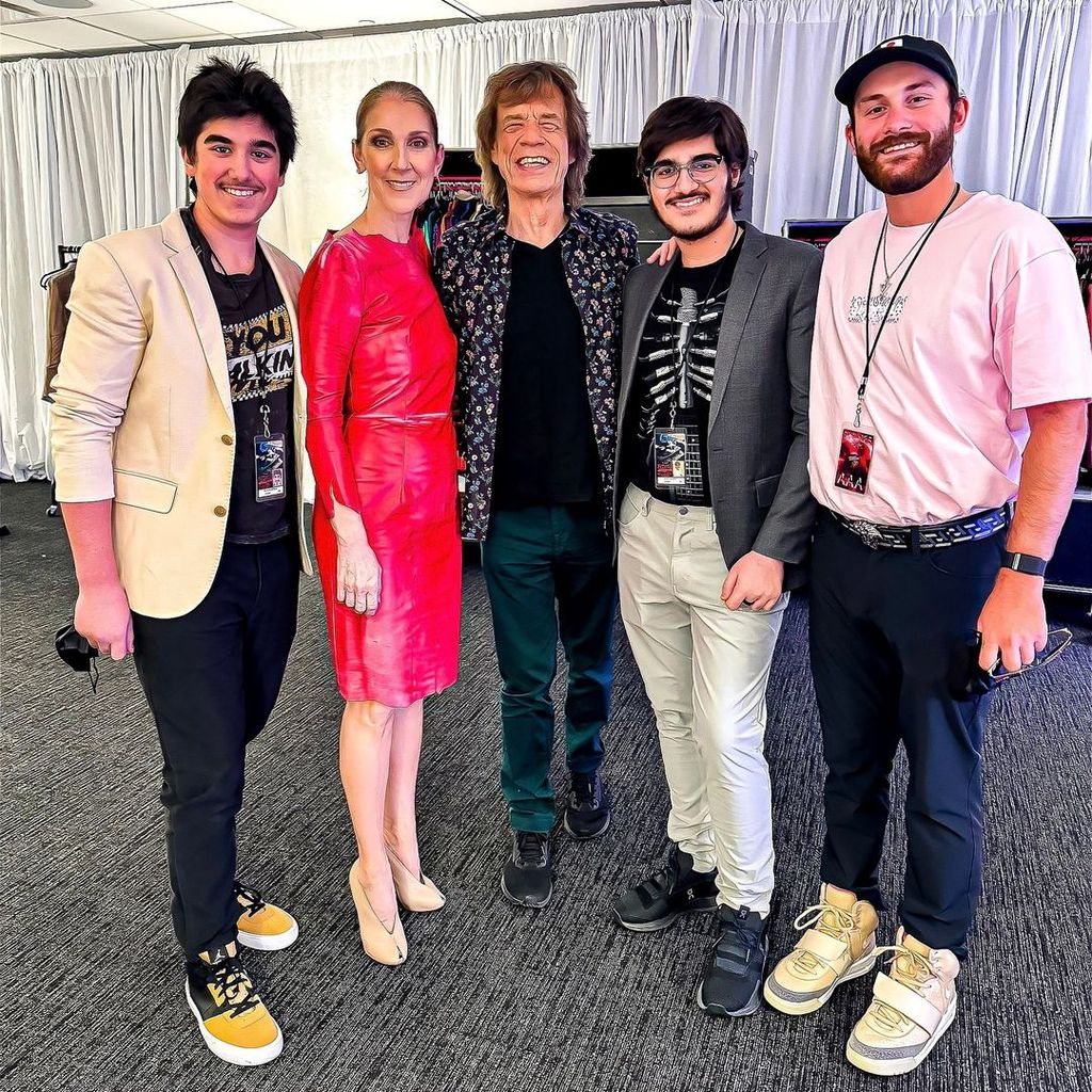 Celine Dion and her three sons at The Rolling Stones concert, backstage photo with Mick Jagger