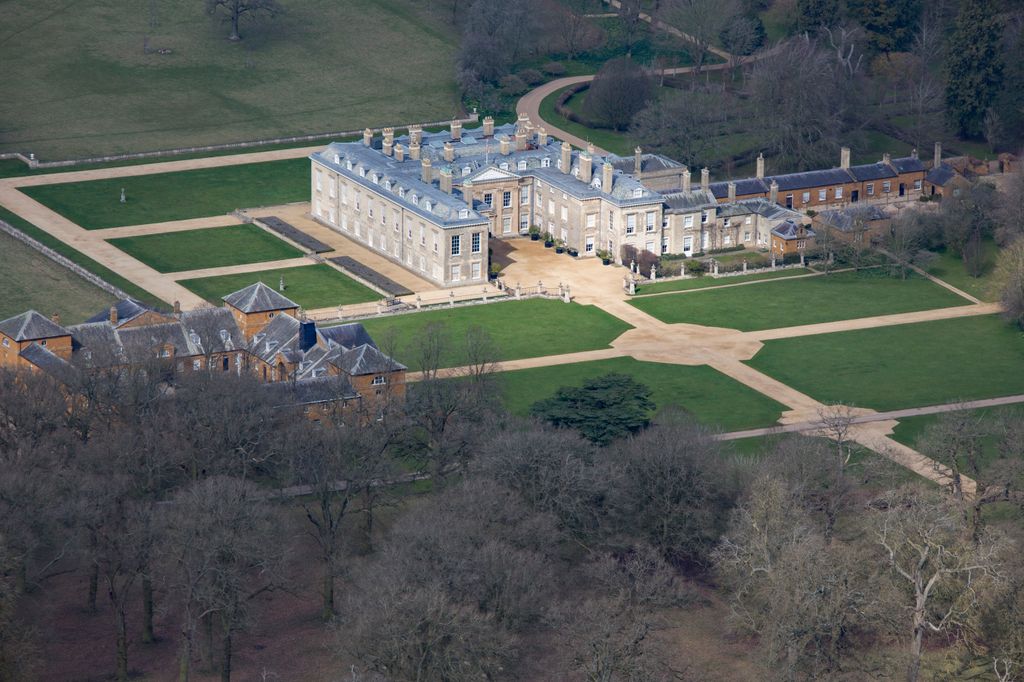 Aerial view of Althorp, this Grade 1 listed stately home was the home of Lady Diana Spencer who later became Princess of Wales, it is situated on Harlestone Road between the villages of Great Brington and Harlestone, 5 miles north west of Northampton. 