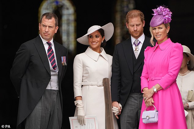 Peter chats to his sister Zara and the Duke and Duchess of Sussex at St Paul's Cathedral in June 2022