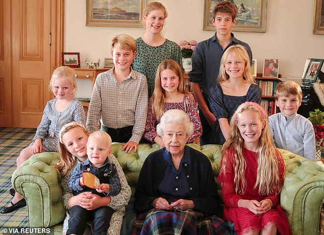 A family portrait of the late Queen Elizabeth II with some of her grandchildren and great-grandchildren, including (back row, left to right) Lady Louise Mountbatten-Windsor and James, Earl of Wessex, (middle row, left to right) Lena Tindall, Prince George, Princess Charlotte, Isla Phillips, Prince Louis and (front row, left to right) Mia Tindall, holding Lucas Tindall and Savannah Phillips, taken at Balmoral Palace.