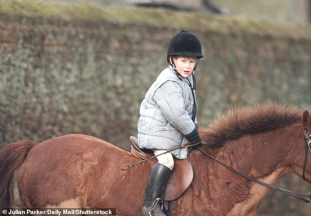 Prince Harry riding a pony in January 1990. The young prince was five years old at the time