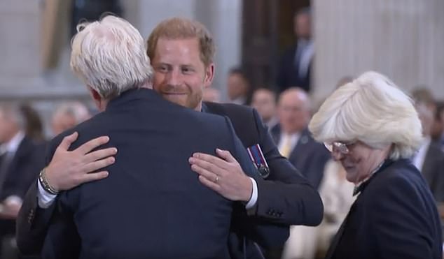 Prince Harry hugged his uncle Earl Spencer and aunt Lady Jane Fellowes at St Paul's yesterday