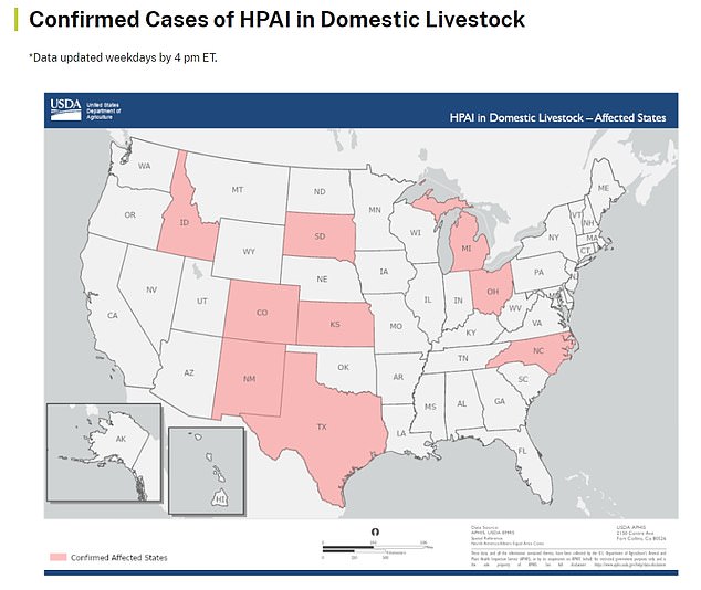 The map above shows the states where bird flu infections have been reported in dairy herds