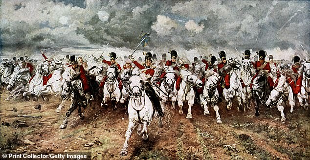 The Scots Greys attack at Waterloo, 18 June 1815. The attack by the Royal Scots Greys cavalry regiment on the French 45th Infantry was immortalised in this famous painting created in 1881 by Lady Elizabeth Butler.