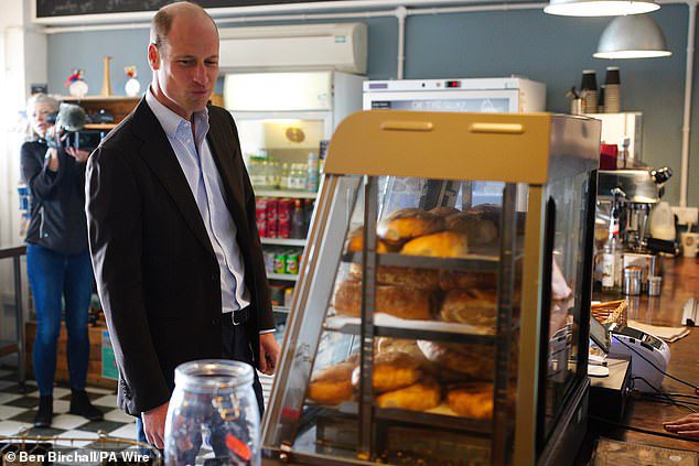 Prince William snaps up five Cornish pasties for Kate, George, Charlotte and Louis during his tour of the Isles of Scilly – and says he also enjoyed a morning dip
