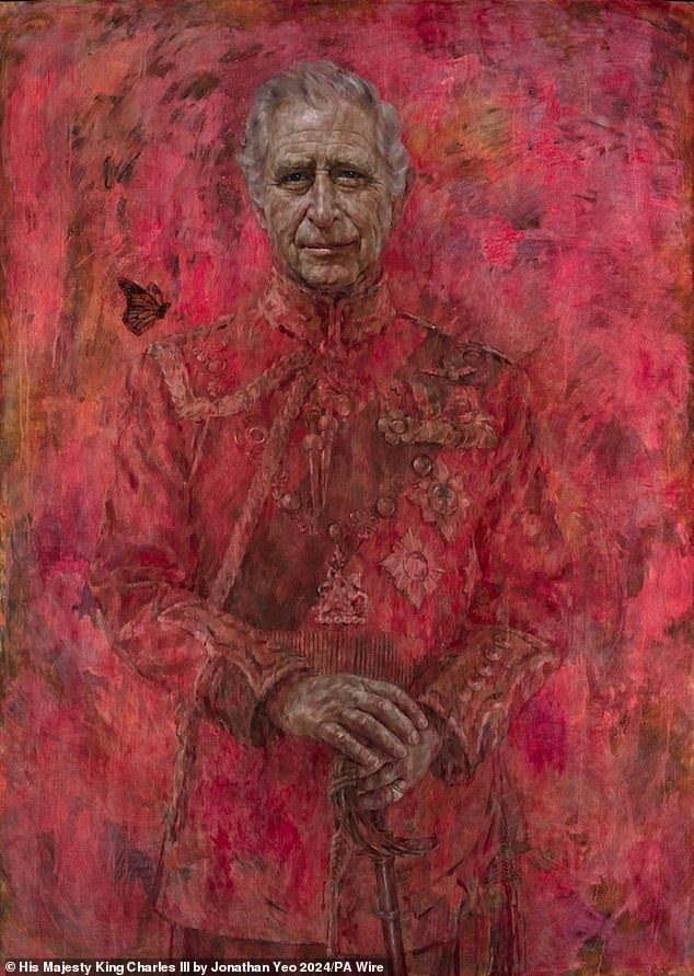King Charles unveils red, fiery painting of himself as his first post-Coronation portrait by artist Jonathan Yeo who included butterfly to capture his ‘metamorphosis from Prince to King’