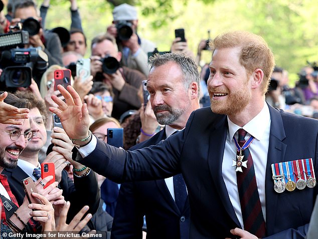 LONDON, ENGLAND – MAY 08: Prince Harry, Duke of Sussex meets the public as he departs the Invictus Games Foundation 10th Anniversary Service at St Paul’s Cathedral on May 08, 2024 in London, England. (Photo by Chris Jackson/Getty Images for Invictus Games Foundation)