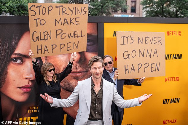 Glen Powell was celebrating the premiere of his new movie Hit Man and his induction into the Texas Film Hall of Fame...even though his own parents mocked him
