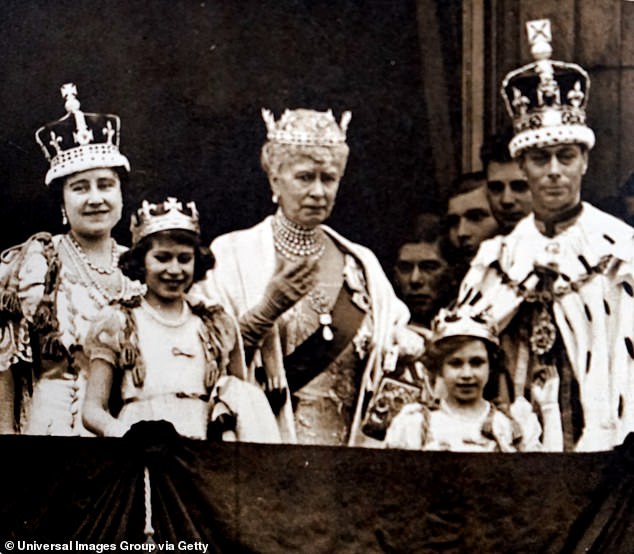 Queen Mary of Teck pictured at the coronation of King George VI with her granddaughters Elizabeth and Margaret