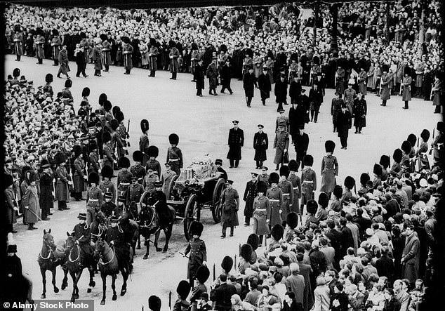 The funeral procession of Queen Mary. Her body was taken from her residence at Marlborough House to Westminster Hall