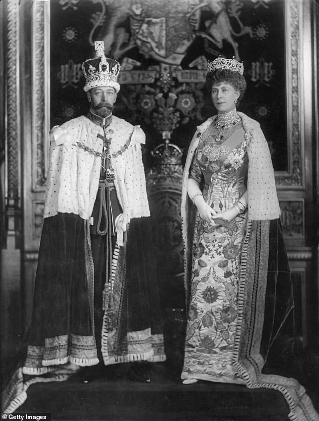 Queen Mary alongside her husband King George V in their coronation regalia