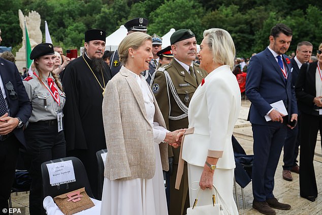 Sophie, Duchess of Edinburgh (left) talks with Polish Ambassador to Italy Anna Maria Anders (right) during a ceremony marking the 80th anniversary of the Battle of Monte Cassino