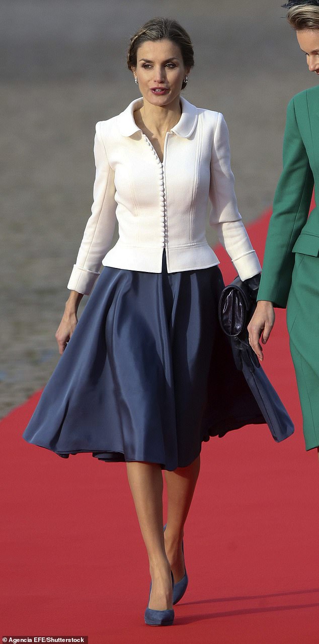 During a visit to Belgium in 2014, Letizia wore a beautiful dress designed by Spanish designer Felipe Varela
