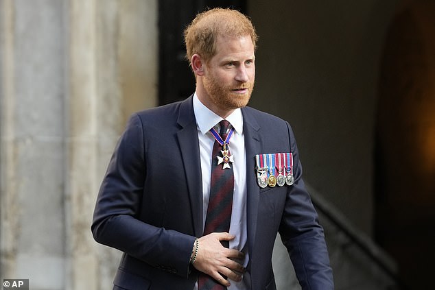 The Duke of Sussex is reported to still be disappointed at having his taxpayer-funded security withdrawn. Pictured: Harry arrives for the 10th anniversary Invictus Games thanksgiving service at St Paul's Cathedral in London on May 8.