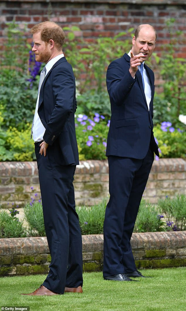 Prince Harry, Duke of Sussex and Prince William, Duke of Cambridge during the unveiling of a statue they commissioned of their mother Diana, Princess of Wales, in the Sunken Garden at Kensington Palace, 2021