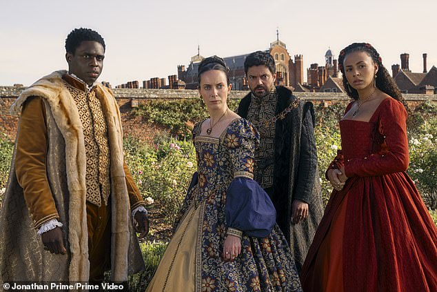 Jordan Peters plays King Edward (left), Abbie Hern and Kate O'Flynn play Princess Mary (second from left) and Princess Bess (right), while Dominic Cooper plays Lord Seymour