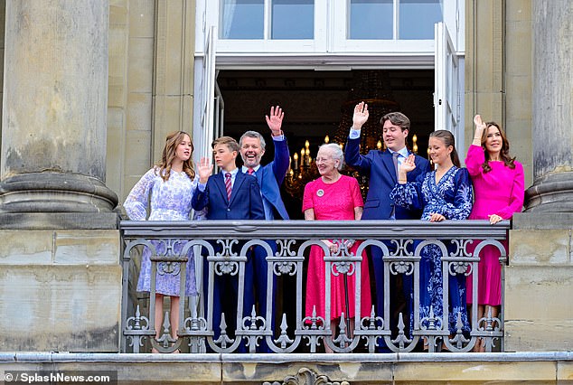 The king's mother, Queen Margrethe, and their children Crown Prince Christian, Princess Isabella, Prince Vincent and Princess Josephine appeared with the royal couple