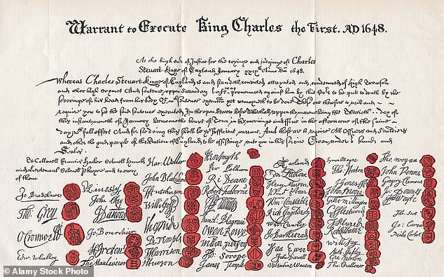 After the coronation, he was given a list - called the 'murder list' - of all 104 people involved in his father's trial and execution - including the 59 who had signed Charles I's death warrant (pictured)