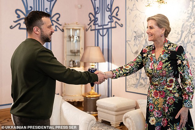 Sophie is believed to have delivered a letter from King Charles III to President Volodymyr Zelensky. The Ukrainian President is seen greeting Sophie ahead of talks in Kyiv on April 29, 2024.