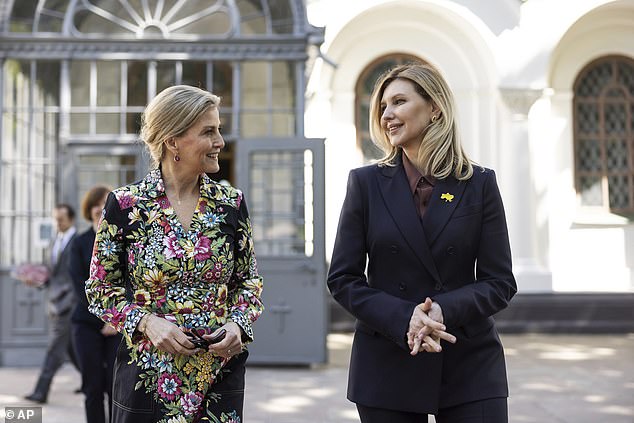 The Duchess of Edinburgh (left) and Olena Zelenska (right), wife of Ukrainian President Volodymyr Zelensky, talk during their visit to St. Sophia Cathedral in Kyiv on April 29, 2024