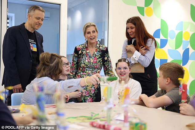 Sophie meets children while visiting the NGO's family centre "Save Ukraine" on April 29, 2024 in the city of Irpin amid the Russian invasion of Ukraine