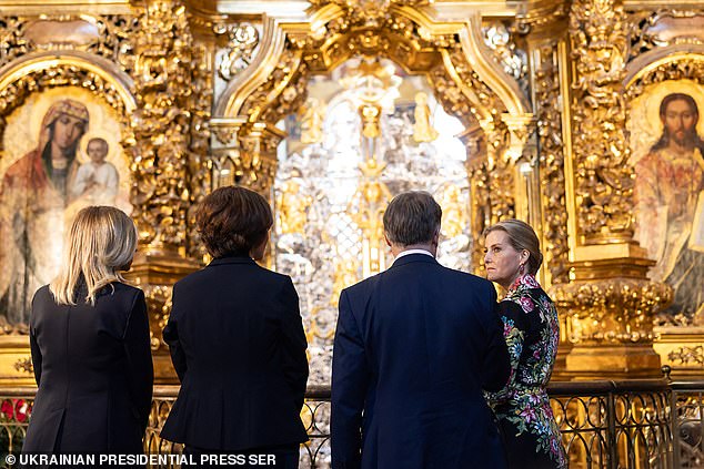 Ukraine's First Lady Olena Zelenska (left) and Britain's Sophie, Duchess of Edinburgh (right), visit St. Sophia Cathedral in Kyiv on April 29, 2024