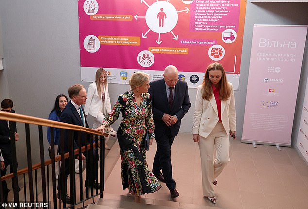 Sophie, Duchess of Edinburgh and the United Kingdom Ambassador to Ukraine, Martin Harris, visit the UNFPA office to meet war victims in Kyiv, Ukraine, on April 29, 2024