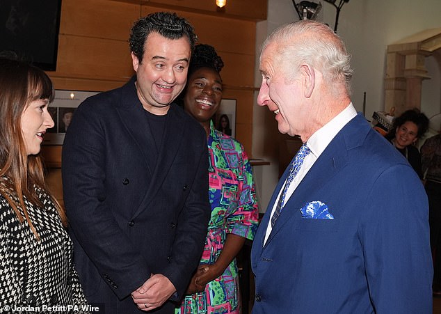 King Charles III speaks to former Rada students Rosie Sheehy, Daniel Mays and Tanya Moodie