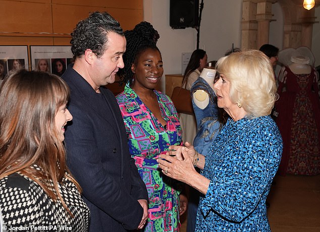 Queen Camilla speaks to former Rada students Rosie Sheehy, Daniel Mays and Tanya Moodie