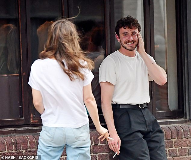 The two actors - who met last year while interviewing each other for Variety magazine - looked in good spirits as they stepped out for a cigarette.