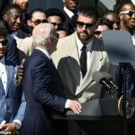 Travis Kelce jokes with President Biden during visit to the White House after taking the mic AGAIN: ‘They told me I’d get tased’