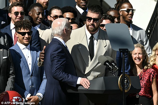 Travis Kelce jokes with President Biden during visit to the White House after taking the mic AGAIN: ‘They told me I’d get tased’