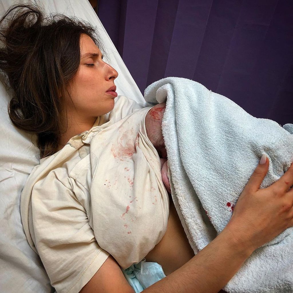 Stacey Solomon in hospital with her newborn son, Rex