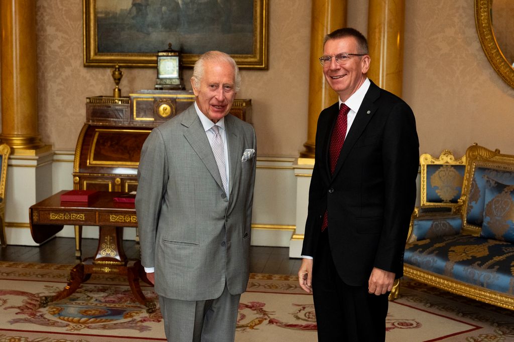 King Charles III meets with President of Latvia Edgars Rinkēvičs during a private meeting at Buckingham Palace