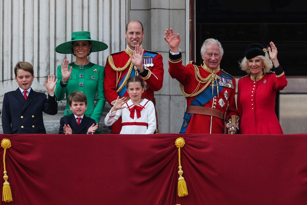 King Charles and Queen Camilla with Prince William, Kate and their three children at Trooping the Colour for the first time since the coronation