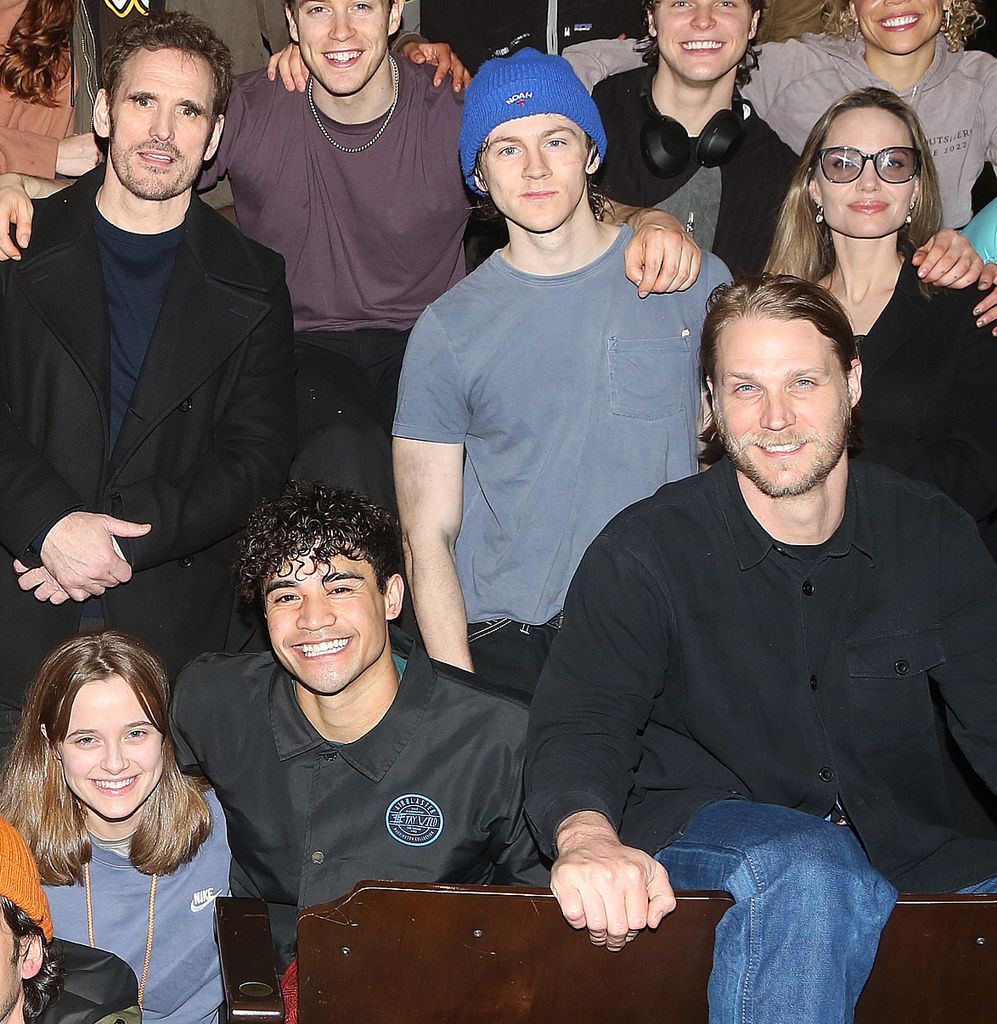     Angelina Jolie, Vivienne Jolie-Pitt, original film star Matt Dillon, director Danya Tamor, book author Adam Rapp stand backstage with cast and company during the new musical based on the classic book "foreigner" on Broadway at the Bernard B. Jacobs Theatre in New York City on April 3, 2024. Matt Dillon starred in the 1983 film "foreigner" As "dallas winston" Played by Joshua Boone in the 2024 musical