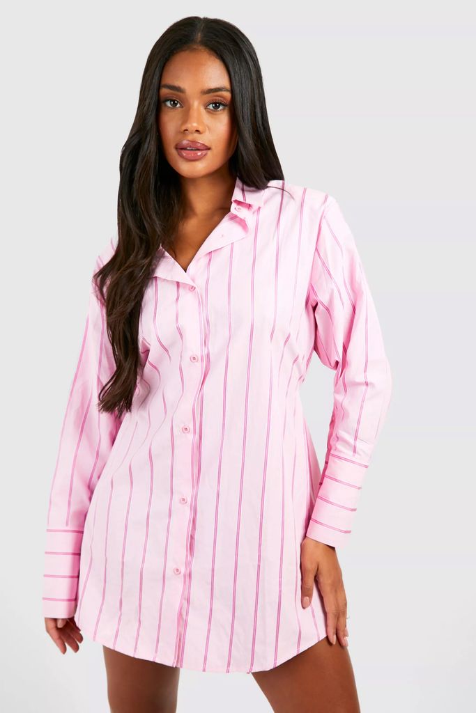 Boohoo Striped Fitted Pink Shirt Dress