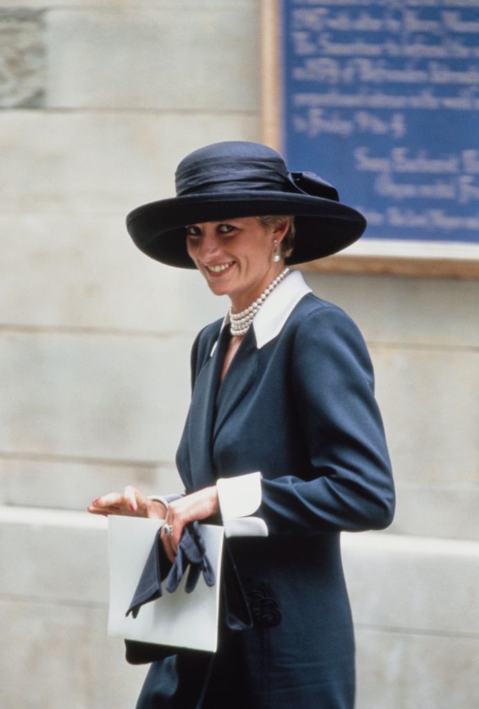 Diana, Princess of Wales, wearing a Stephen Jones hat at the wedding of Lady Sarah Armstrong-Jones and Daniel Chatto in 1994
