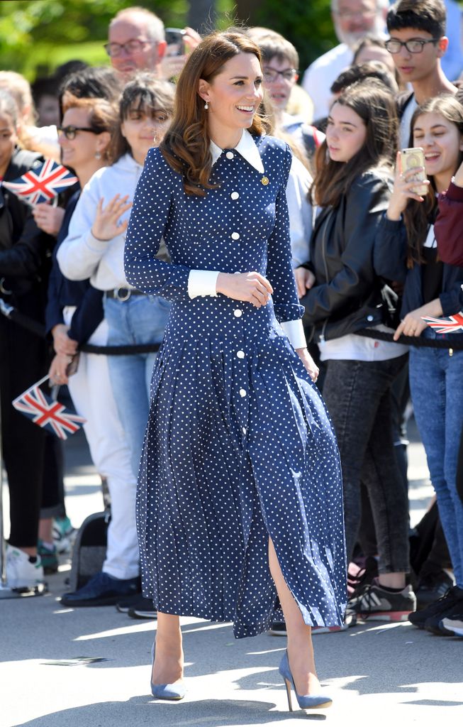Princess Kate in a navy polka dot dress at the D Day exhibition 