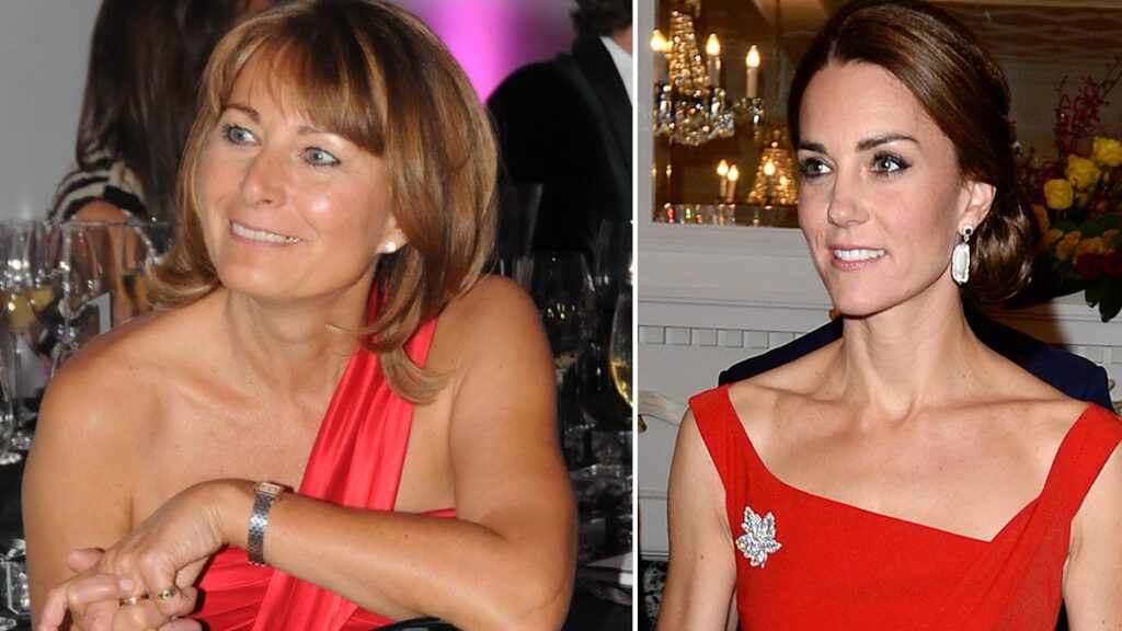 Carole Middleton copies daughter Princess Kate in red hot satin dress