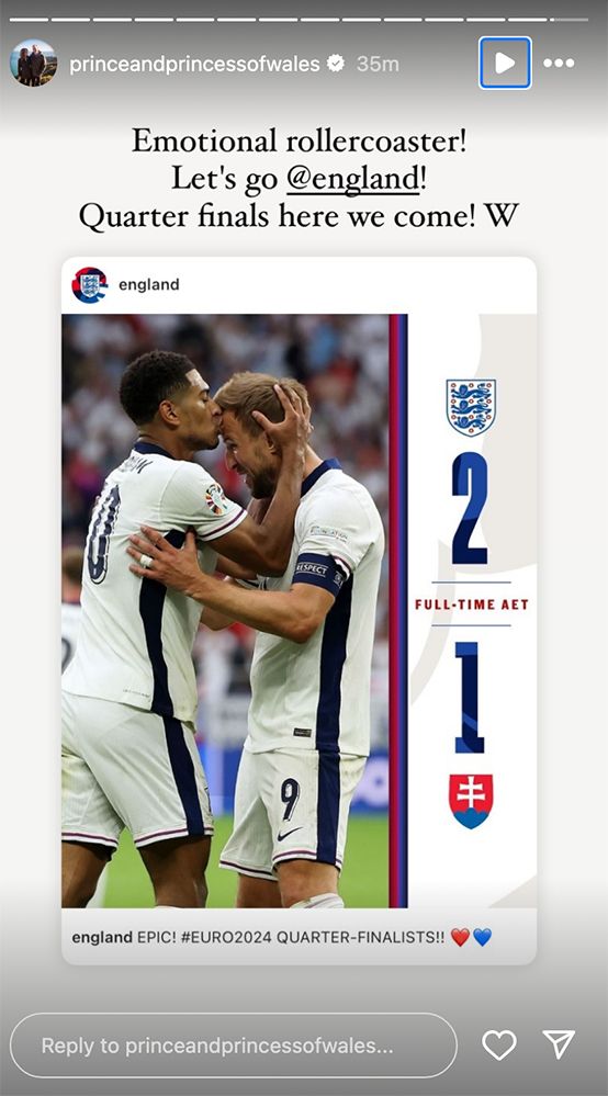 Prince William celebrates England's big win on Instagram
