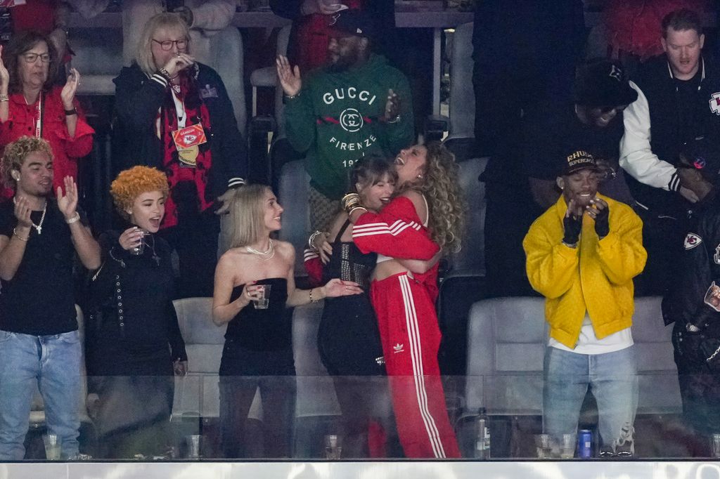 RIOTUSA, Ice Spice, Taylor Swift, Blake Lively and Eric Jones celebrate during the NFL Super Bowl LVIII game between the Kansas City Chiefs and San Francisco 49ers in Las Vegas, Nevada on February 11, 2024. (Photo by Todd Rosenberg/Getty Images)