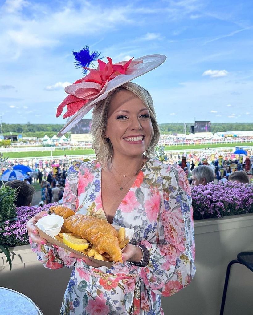 Dylan Dreyer holding a plate of fish and chips at Ascot