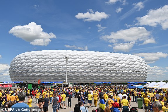 MUNICH, GERMANY - JUNE 17: General view of fans outside the stadium ahead of the UEFA EURO 2024 group stage match between Romania and Ukraine at the Munich Football Arena on June 17, 2024 in Munich, Germany. (Photo by Chris Rico - UEFA/UEFA via Getty Images)